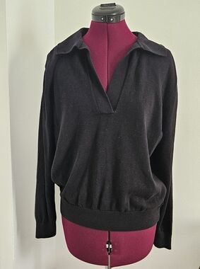 Pact Womens Organic Cotton Polo Sweater Black Long Sleeve V-Neck Size Large
